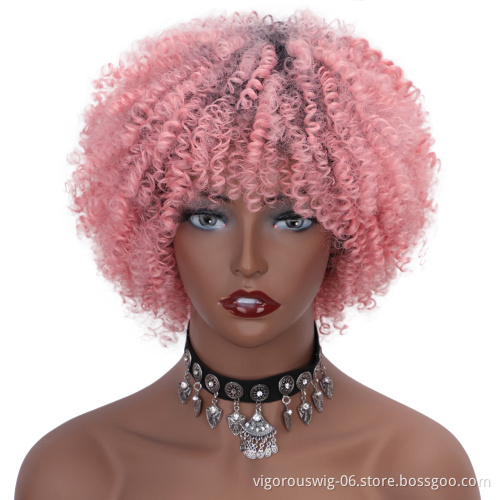Wholesale Paice Afro Spring With Bangs Short Ombre Pink Kinky Curly Hair Synthetic Heat Resistant Wigs No Lace For Black Women